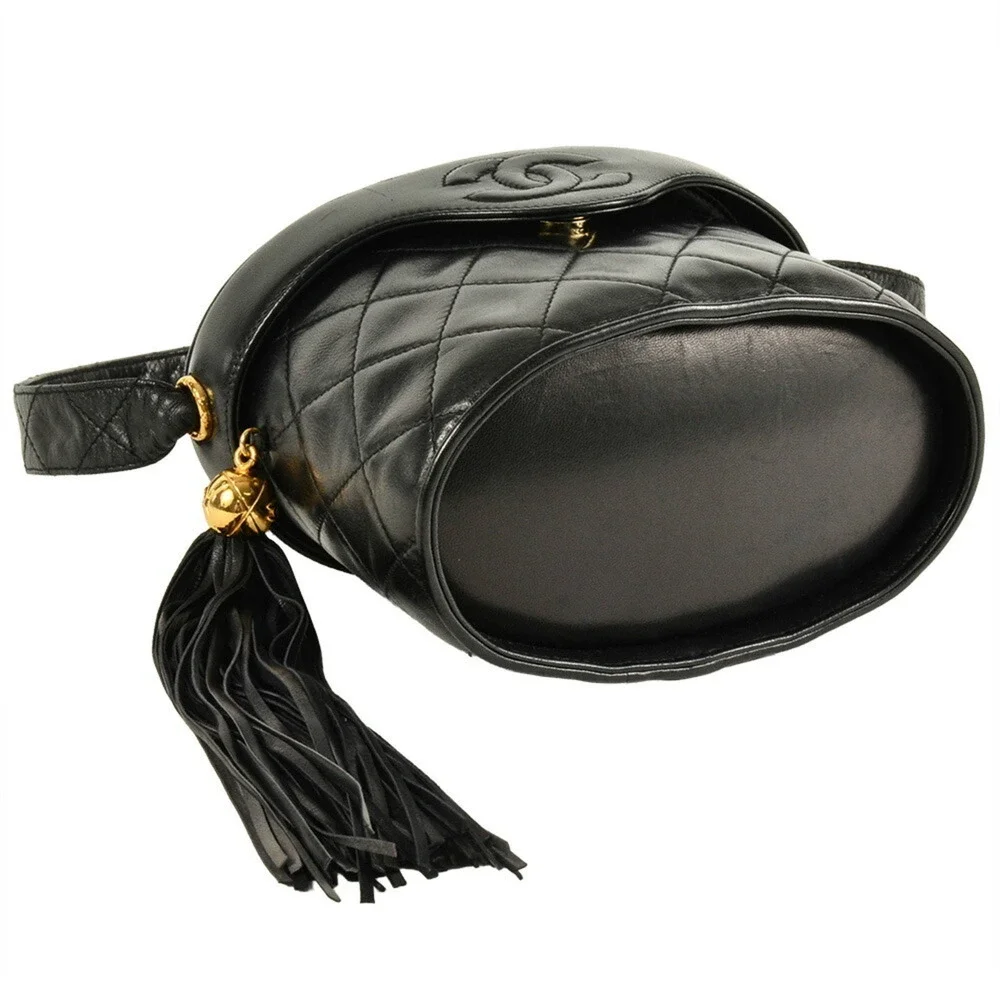CHANEL Black Lambskin Leather Logo Shoulder Bag